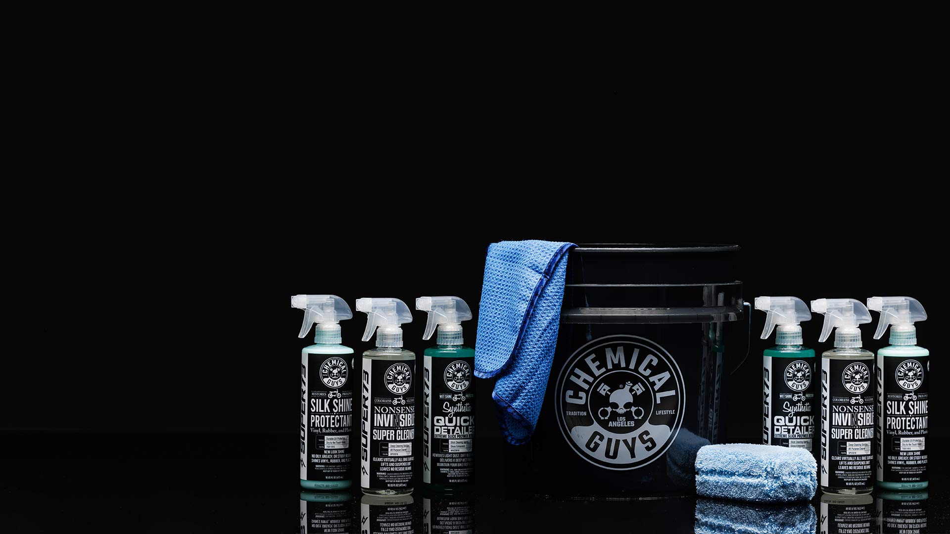 Studio image of SUPER73 x Chemical Guys cleaning products