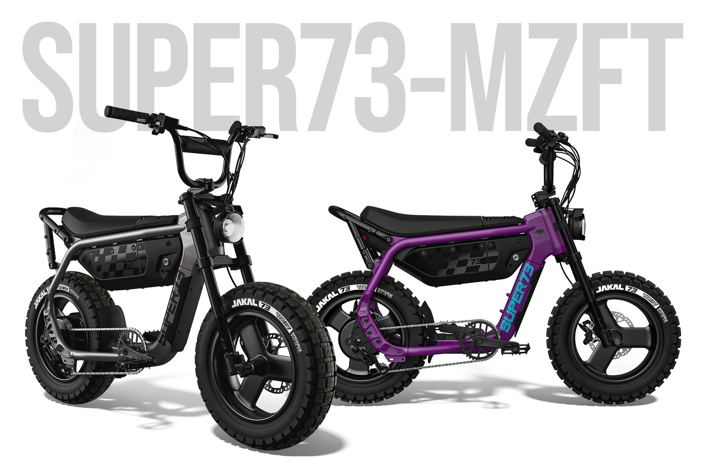 Two SUPER73-MZFT ebikes, one in Titanium Ore and one in Cullenberry, with 'SUPER73-MZFT' branding on a white background.