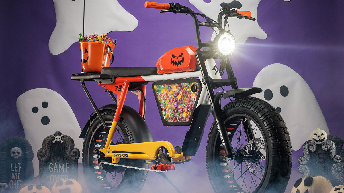 Side view of the custom SUPER73-S2 Candy Corn Cruiser ebike.