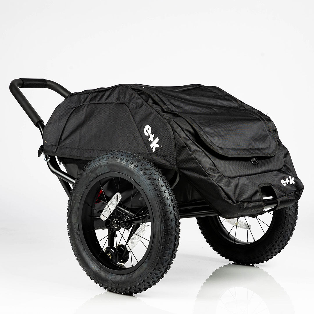 angle view of all weather Earth+Kin Ebike Trailer Cover @cover_all weather