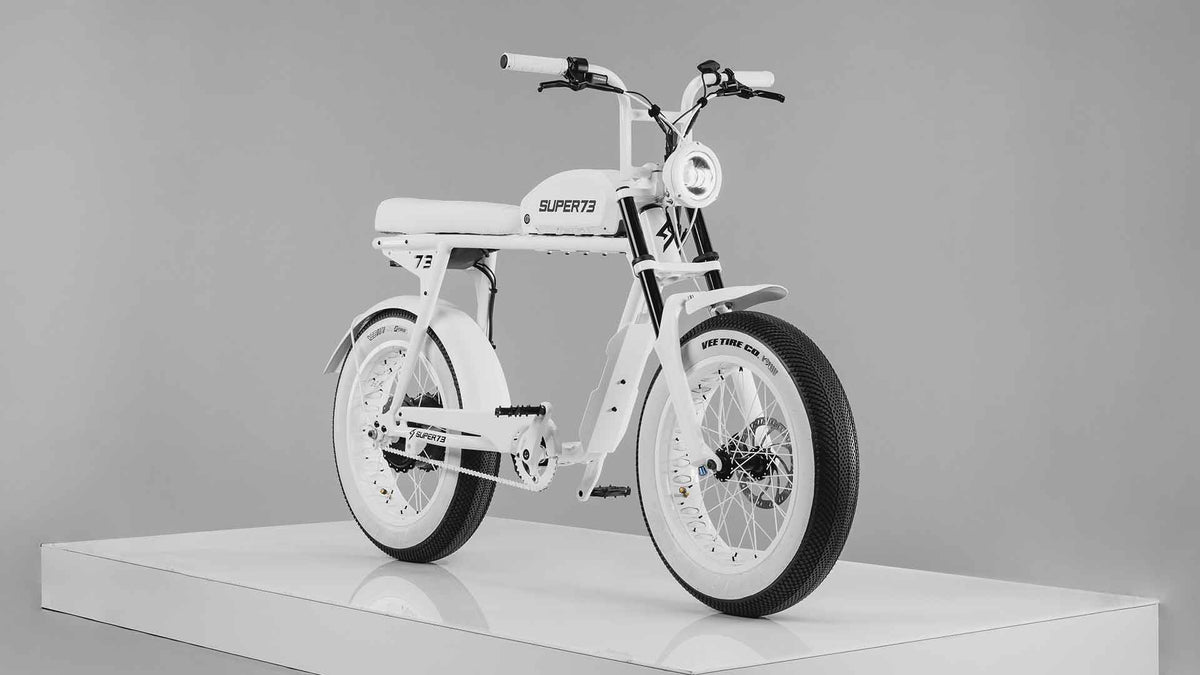 Front view of a custom all-white SUPER73-S2 ebike.