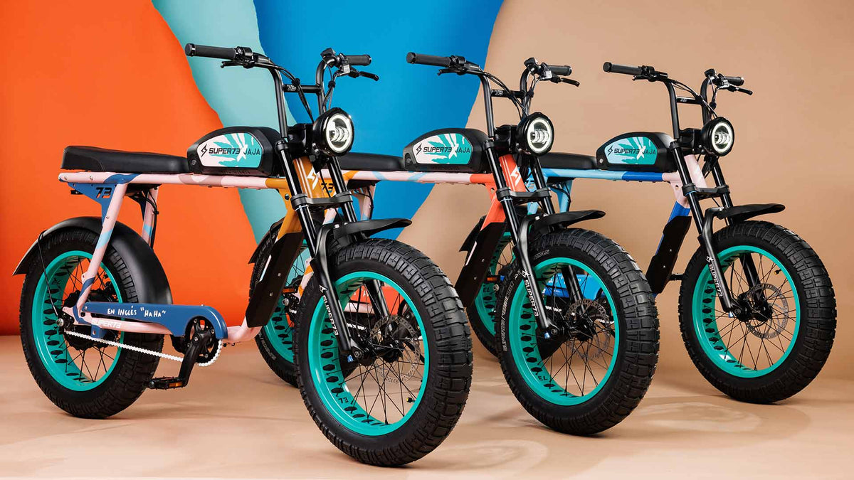 Side view of 3 custom SUPER73-S1 ebikes built in collaboration with JAJA Tequila.