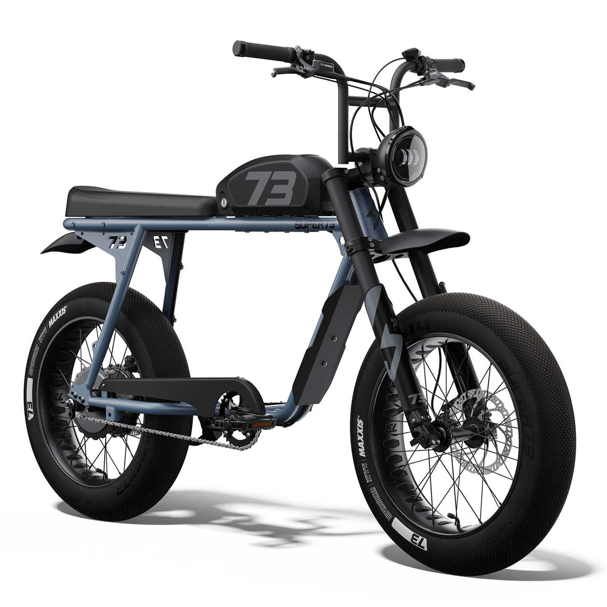 Front view of the SUPER73-S2 SE ebike in Panthro Blue with a black seat. @color_panthro blue (black seat)