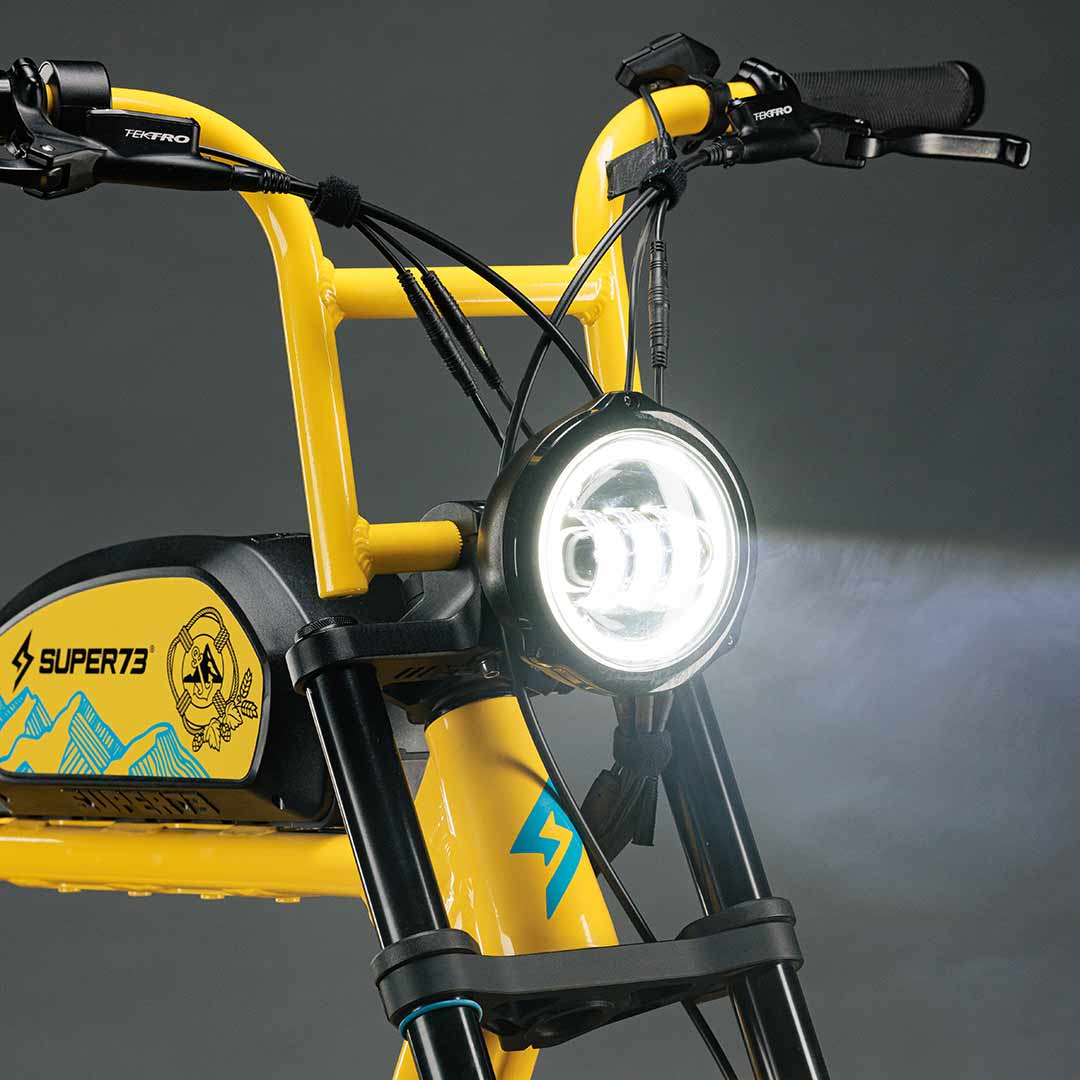 Close-up photo of the custom Pacifico x SUPER73-S2 bike headlight.