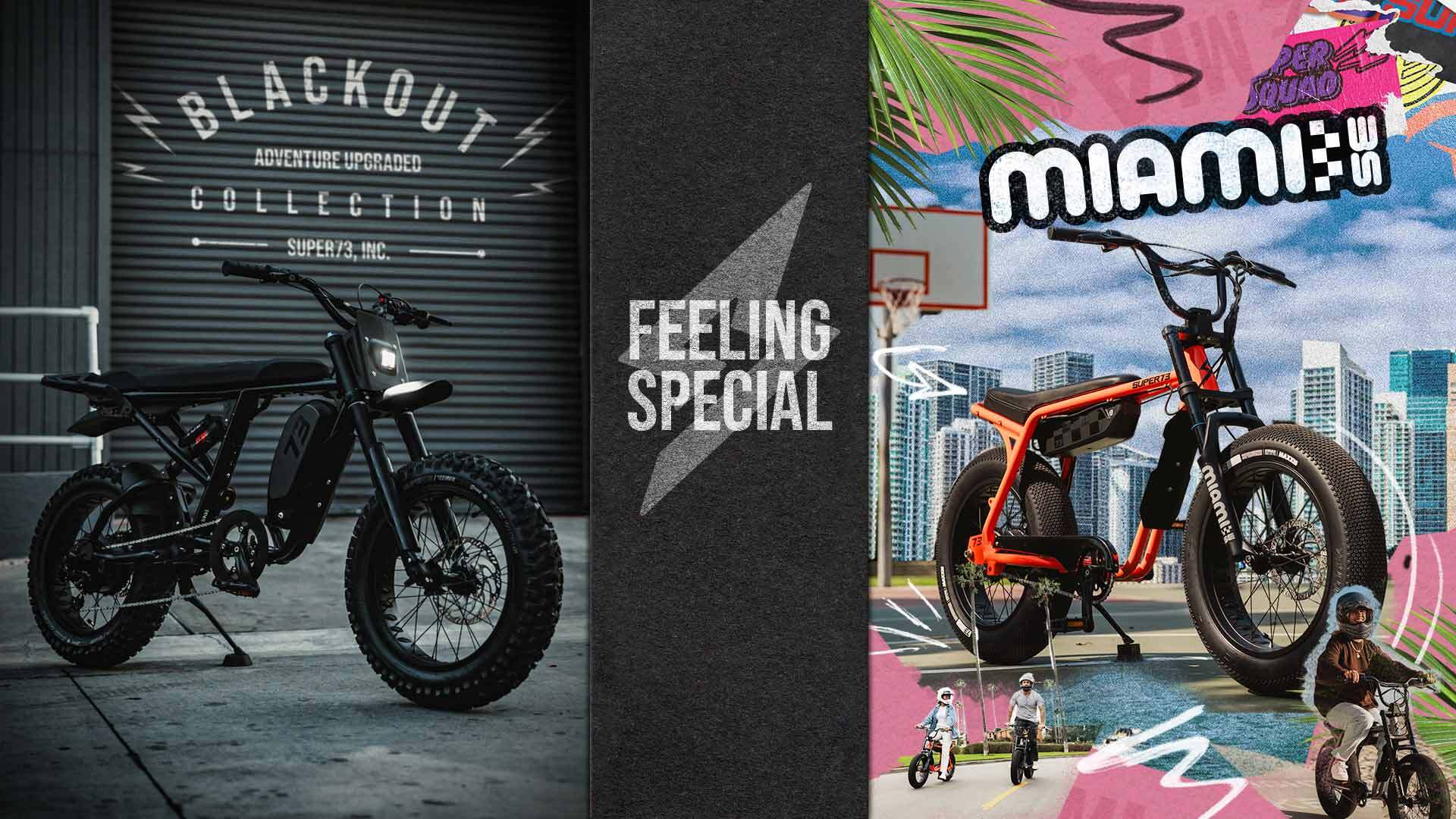 Split photo showing the SUPER73 Blackout ebike and the SUPER73-Z Miami SE ebike in Astro Orange.