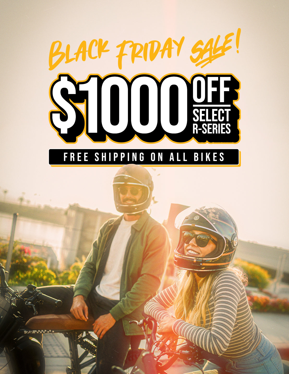 Black Friday Sale Promotion Block | $1,000 off select R-Series models and free shipping on all bikes
