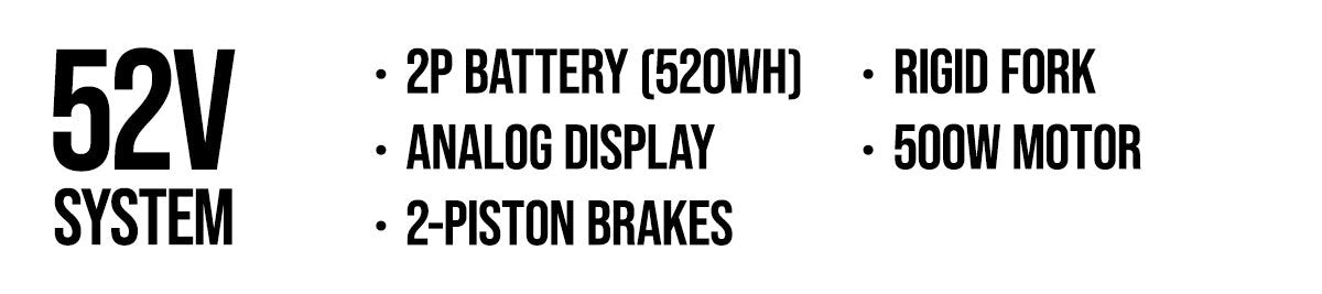 SUPER73-MZFT Core Callouts:
52V System
2P Battery (520Wh)
Analog Display
2-Piston Brakes
Rigid Fork
500W Motor