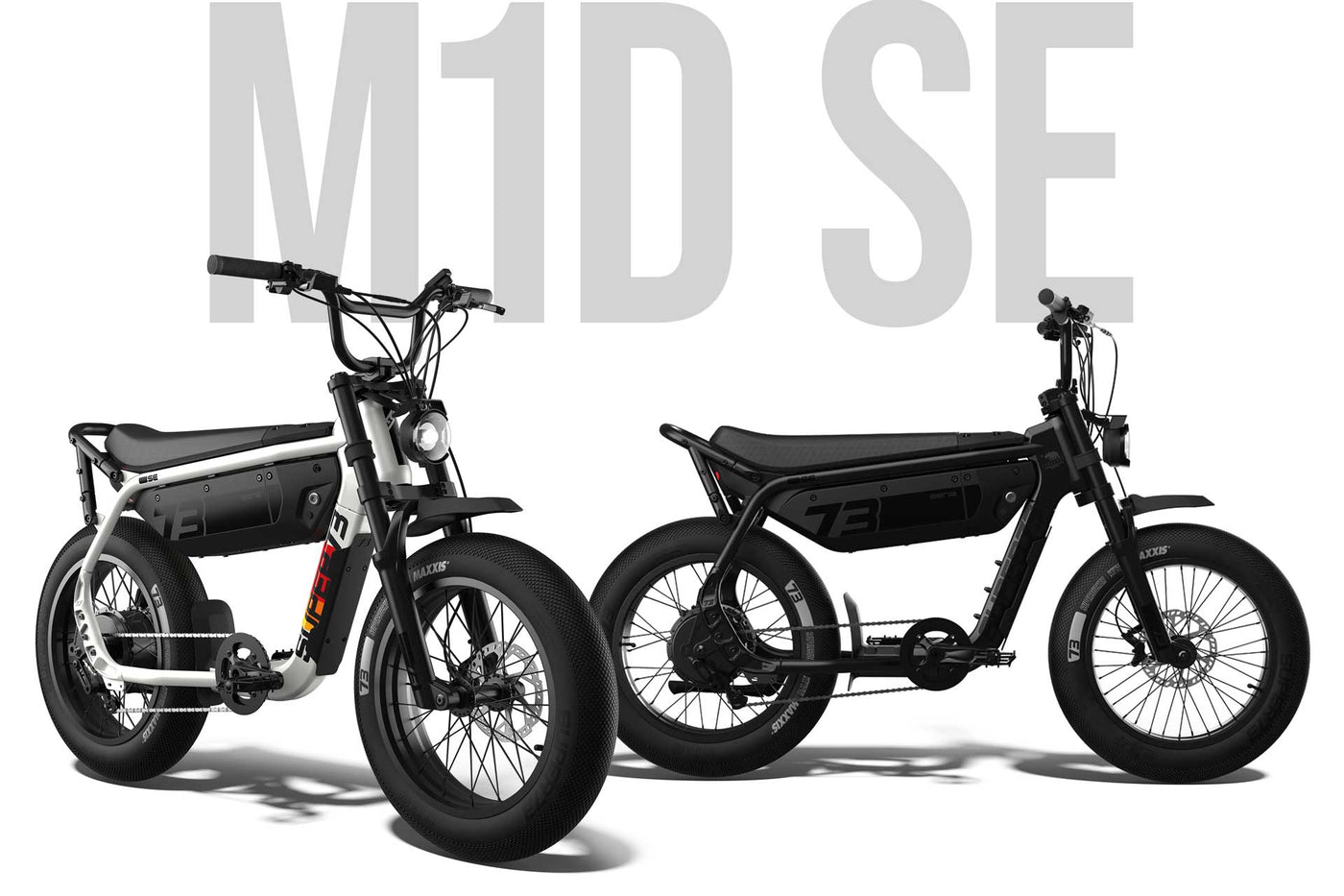 Profile views of the SUPER73-M1D SE in Baja (left) and Blackout (right) against a white background.