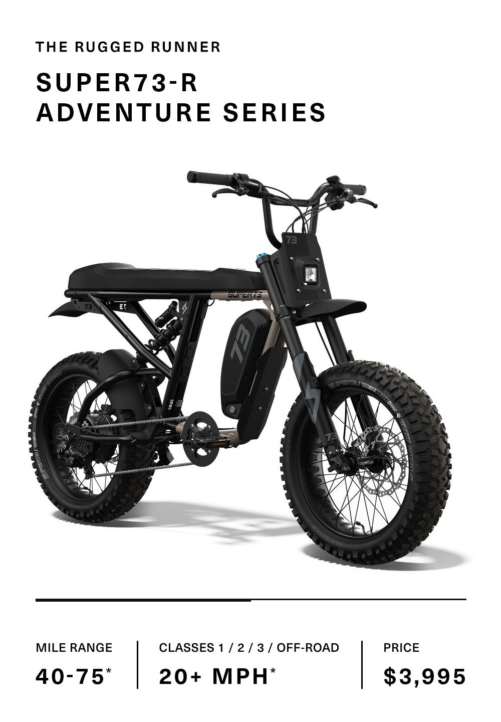 Image of the SUPER73-R Adventure Series bike with specs.