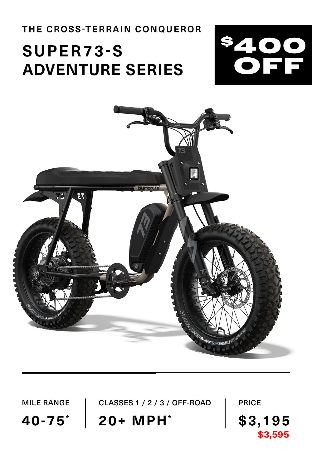 Promotional image showing the S Adventure Series bike at $400 off