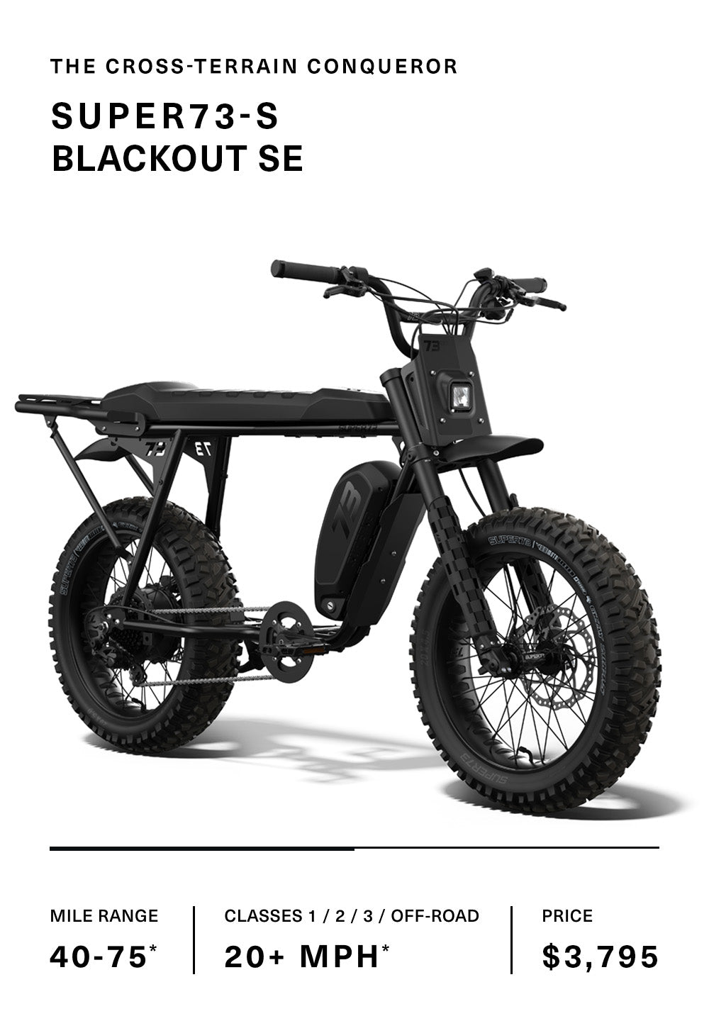 Image of the SUPER73-S Blackout SE bike with specs.