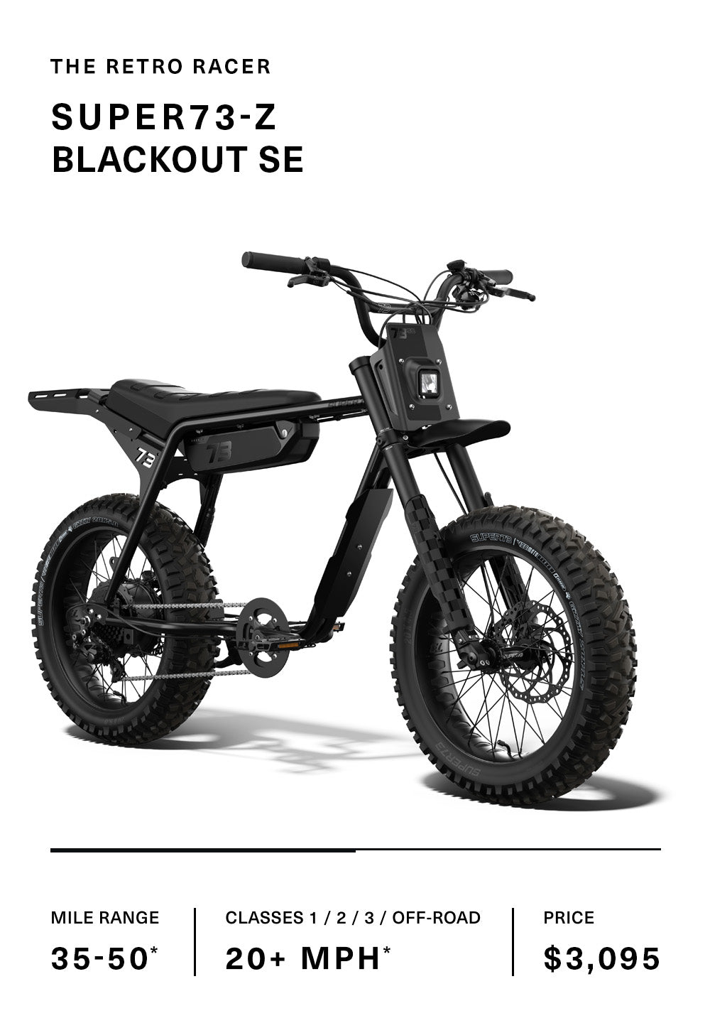 Image of the SUPER73-Z Blackout SE bike with specs.