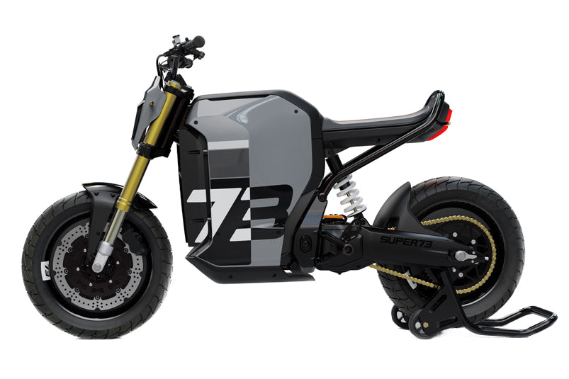 Side profile studio shot view of gray Super73 C1X ebike on white background