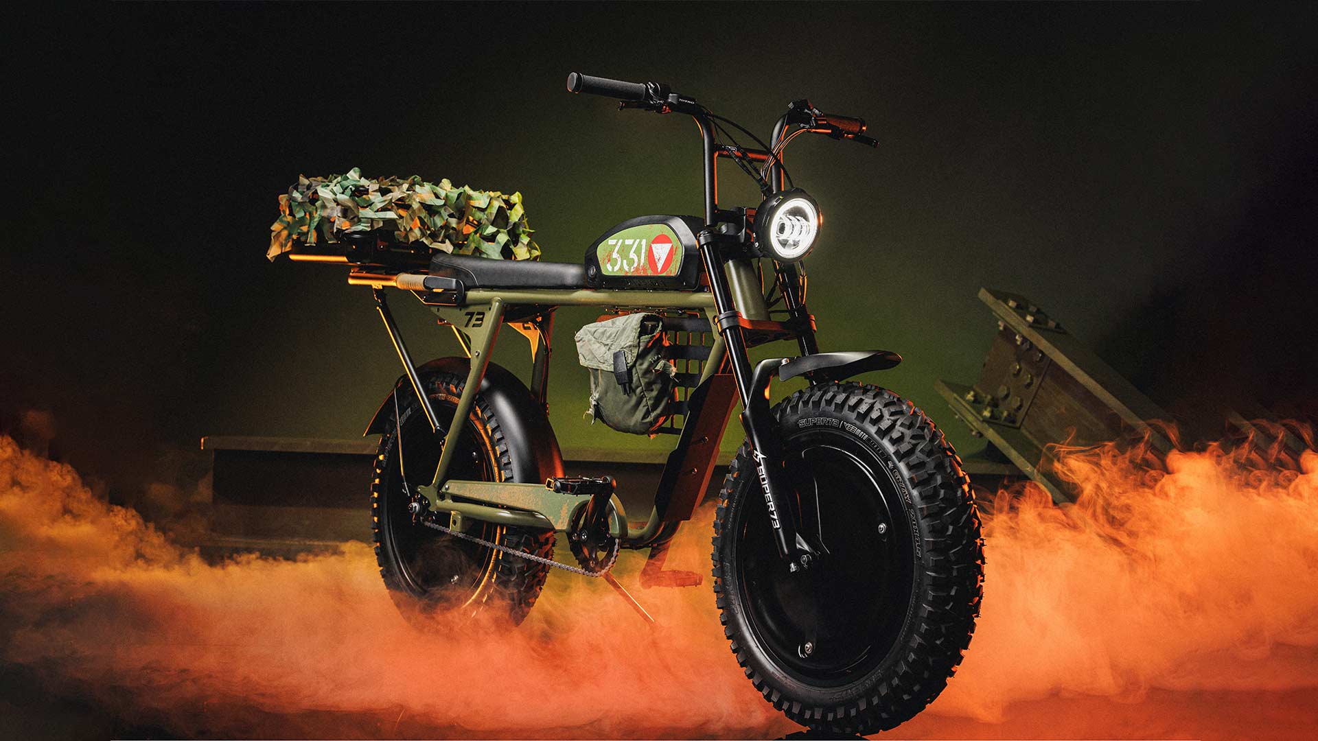 Super73 Arnold Schwarzenegger halo custom ebike in firy studio shot