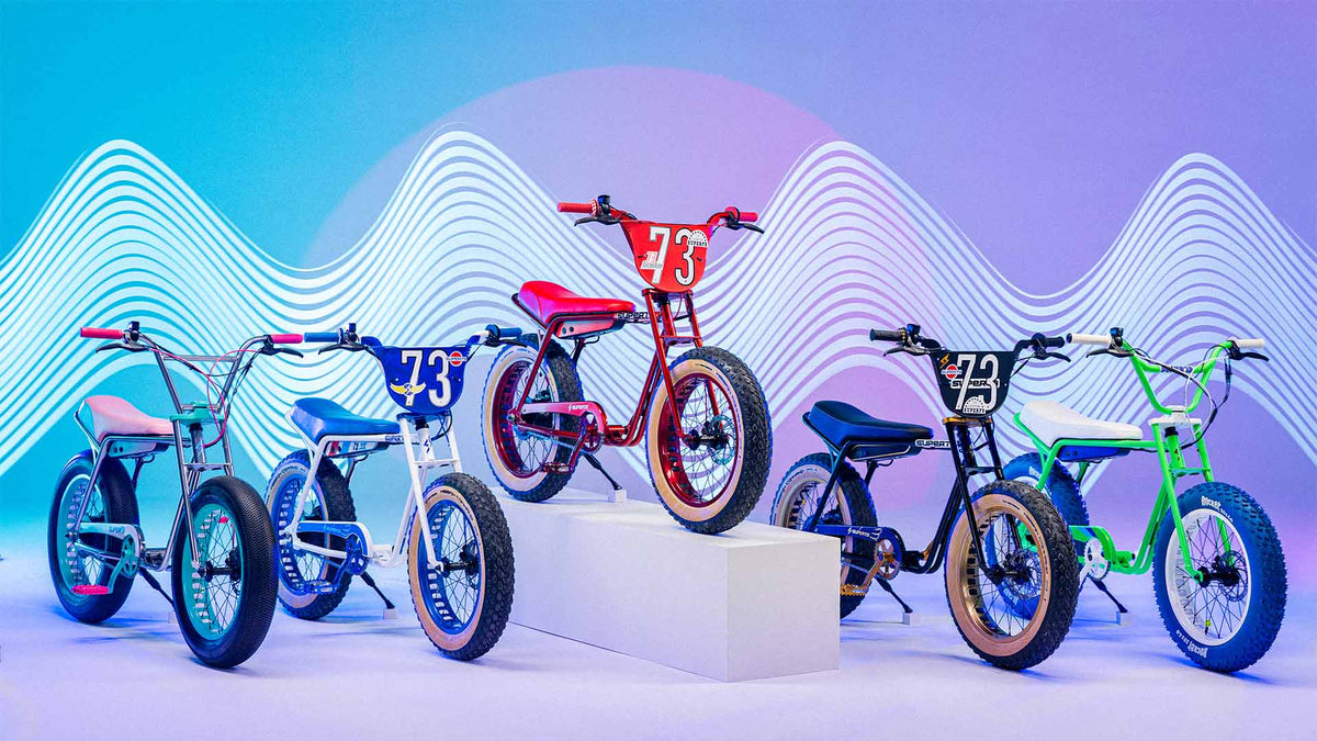 Super73 BMX halo custom ebikes in colorful studio shot