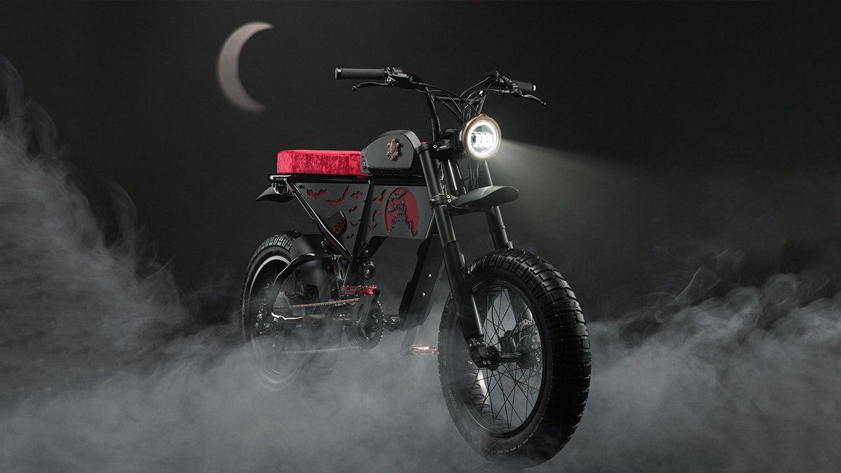 Super73 Dracula halo custom ebike in smokey studio shot with moon in background