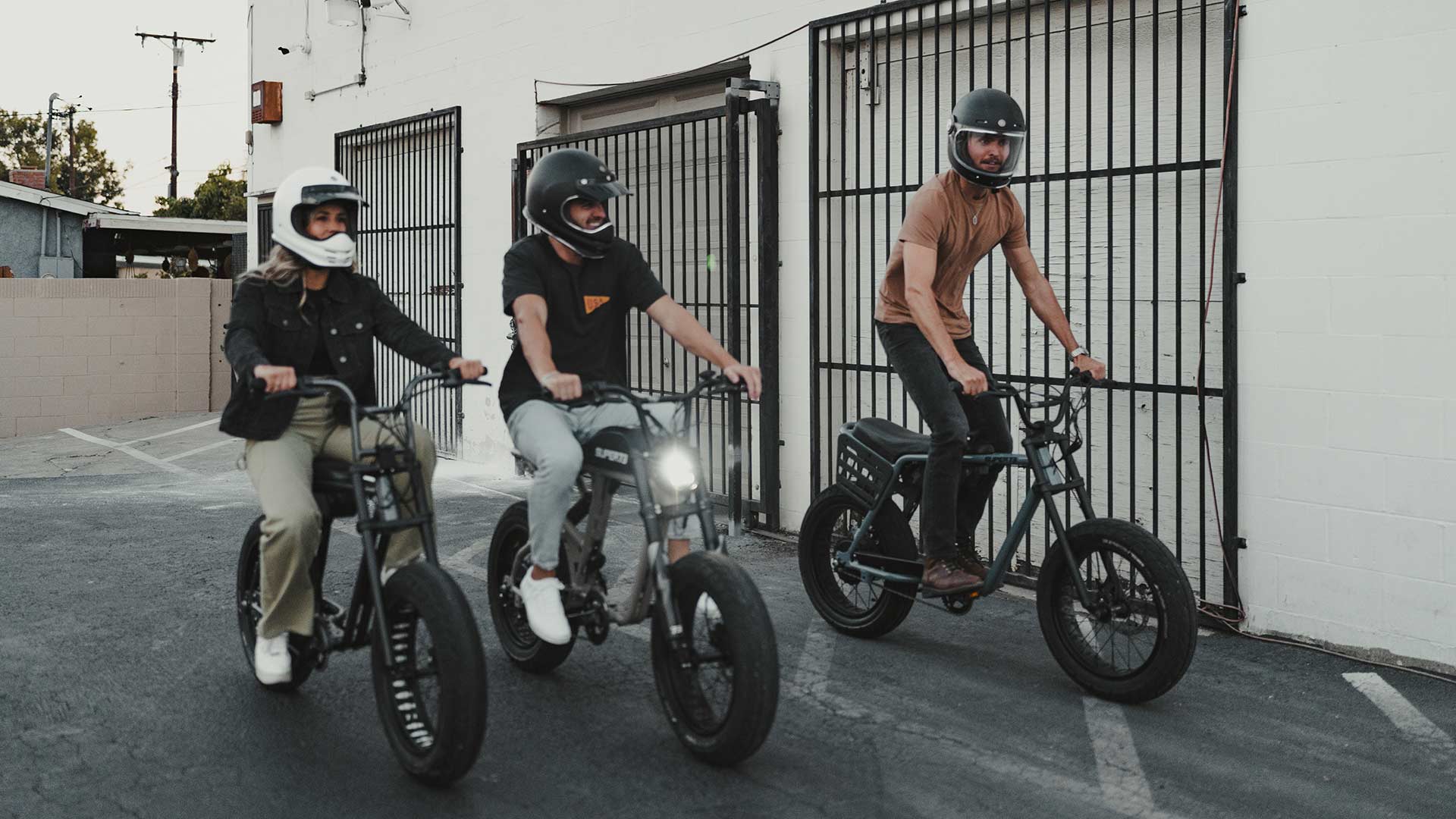 Group of Super73 test riding ebike models at our showroom