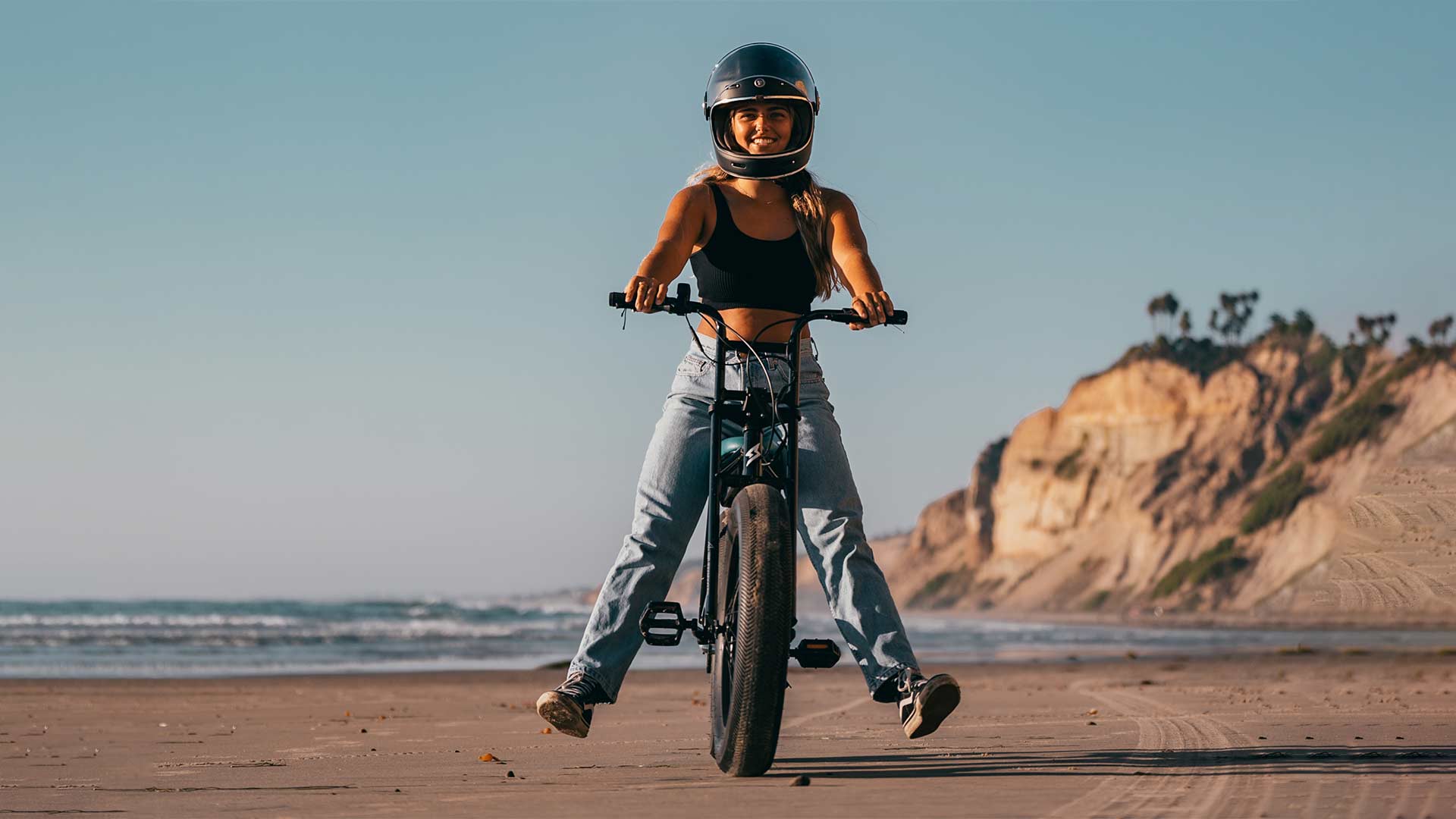 Super73 ebike rider on the beach in southern California