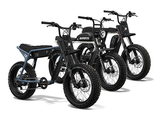 Front angle view of the SUPER73 bikes from Z, S, and R Series in a row to help compare features
