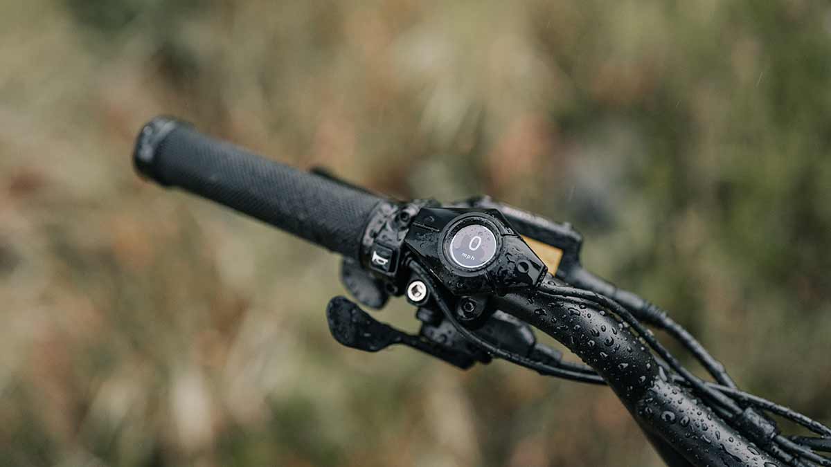 Closeup of the Super73-S Adventure Series ebike highlighting the smart display located on the handlebar