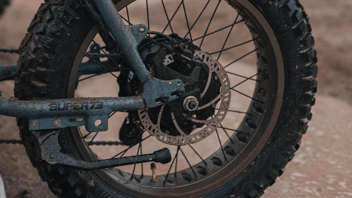 Closeup of the Super73-Z Adventure Series ebike hydraulic brakes