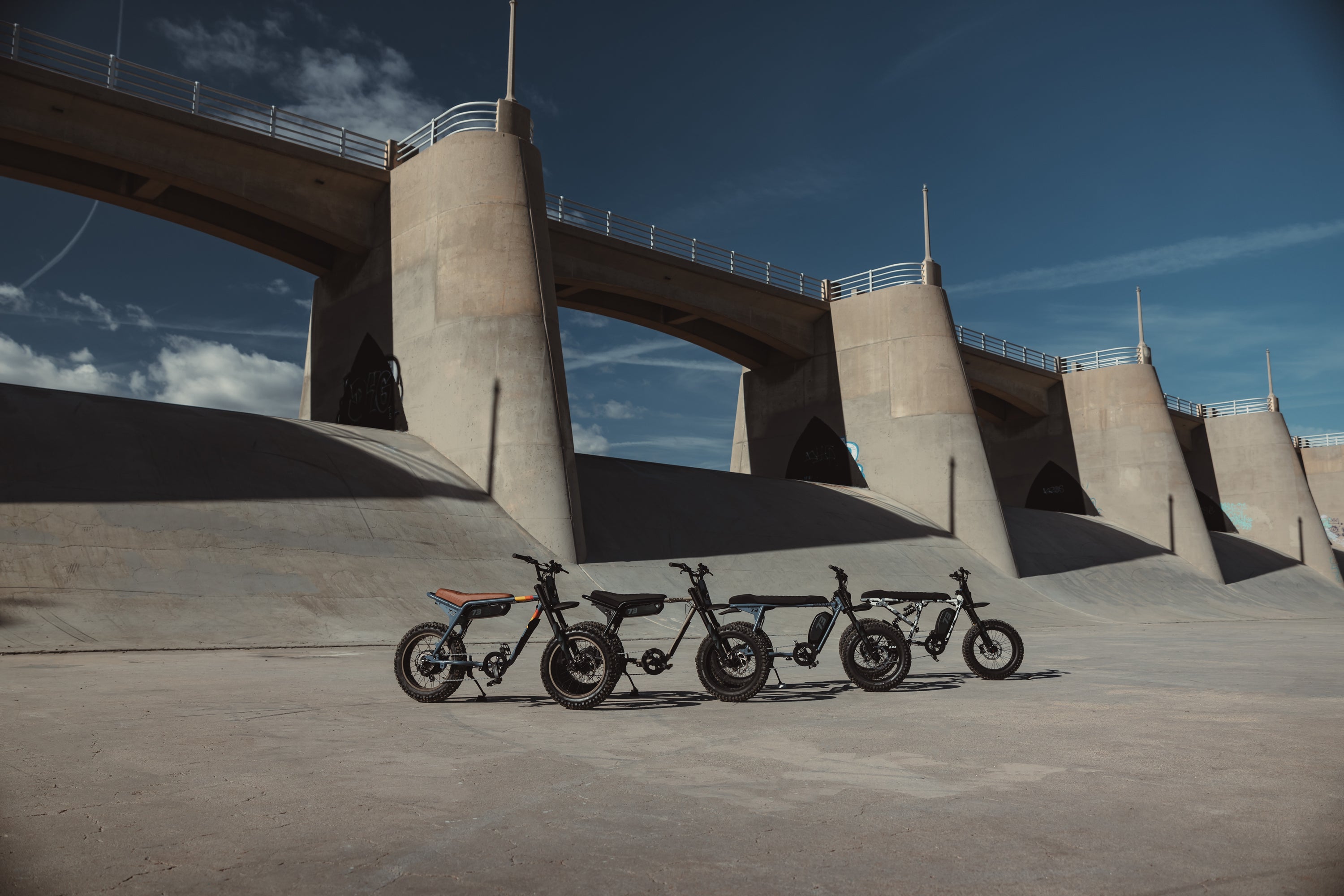 Lifestyle image of all the Super73 Adventure electric bikes.