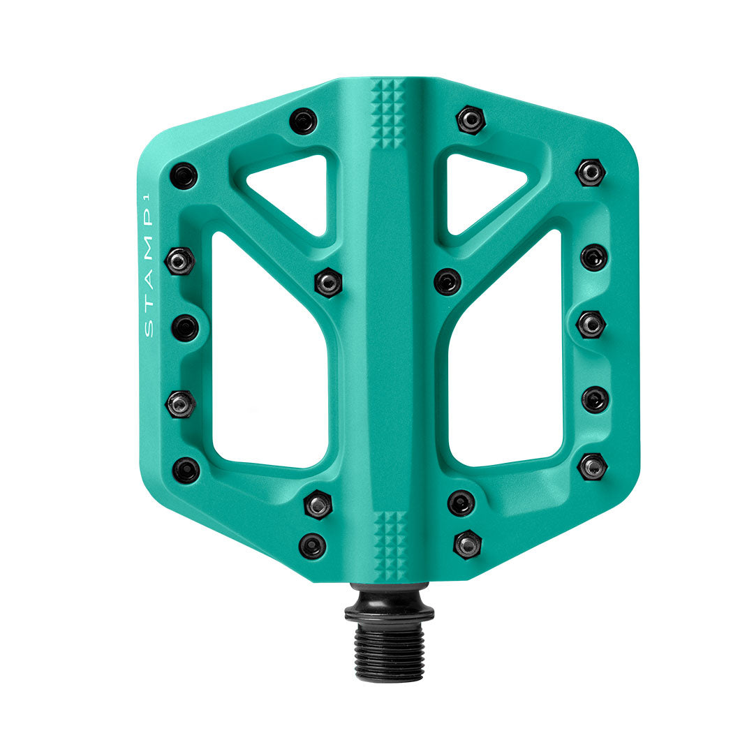 Crankbrothers Stamp 1 Pedal in turquoise on a white background