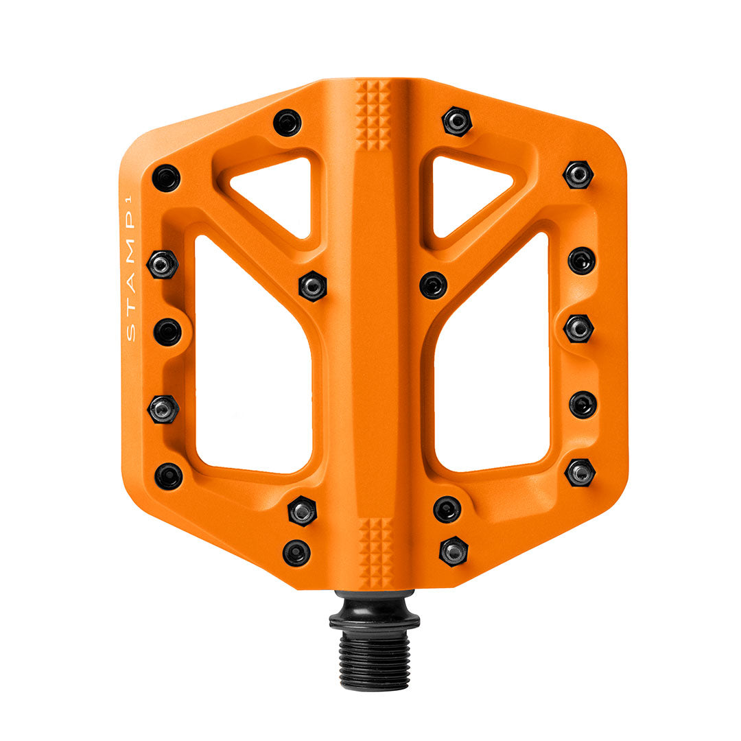Crankbrothers Stamp 1 Pedal in orange on a white background