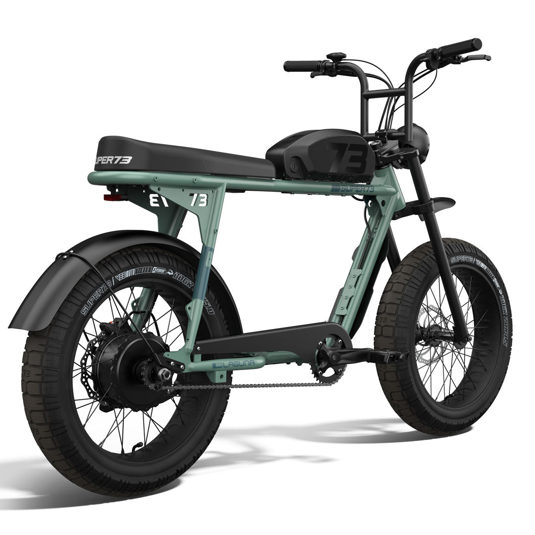 Rear view of the SUPER73-S2 Laguna ebike in Agave Green. @color_agave green