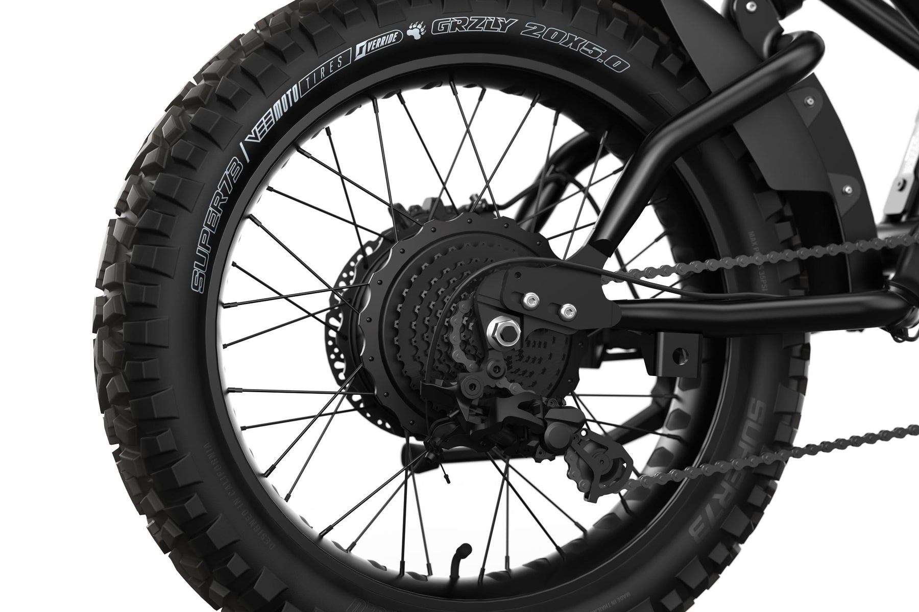 Detail shot of the rear wheel on the SUPER73-R Blackout SE bike.