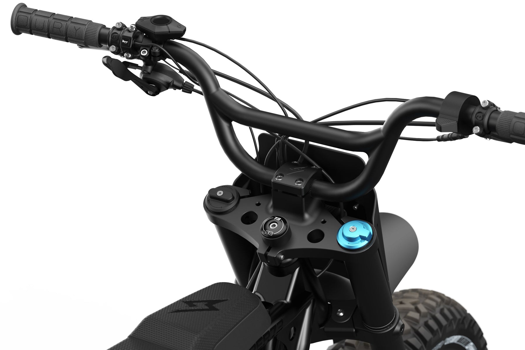 Detail shot of the stem cap on the SUPER73-R Blackout SE bike.