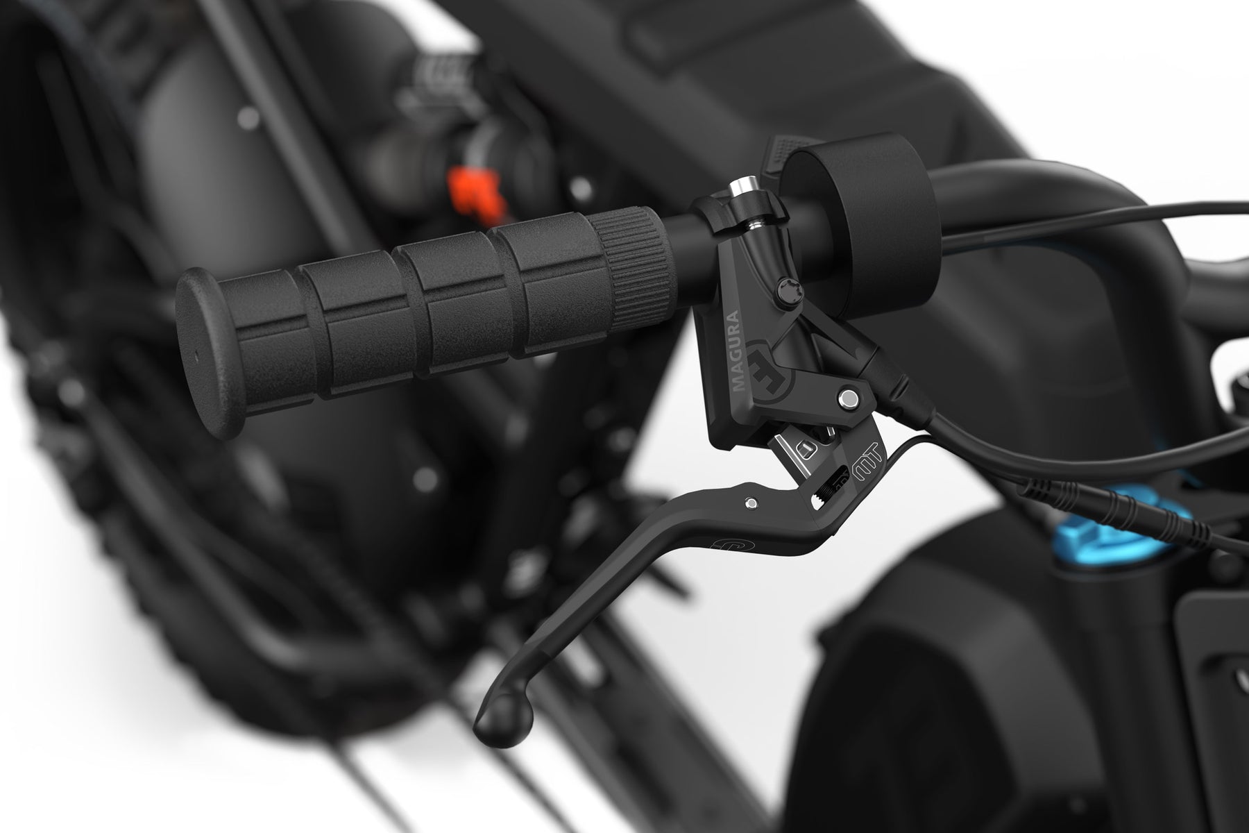 Detail shot of the Magura brakes on the SUPER73-R Blackout SE bike.