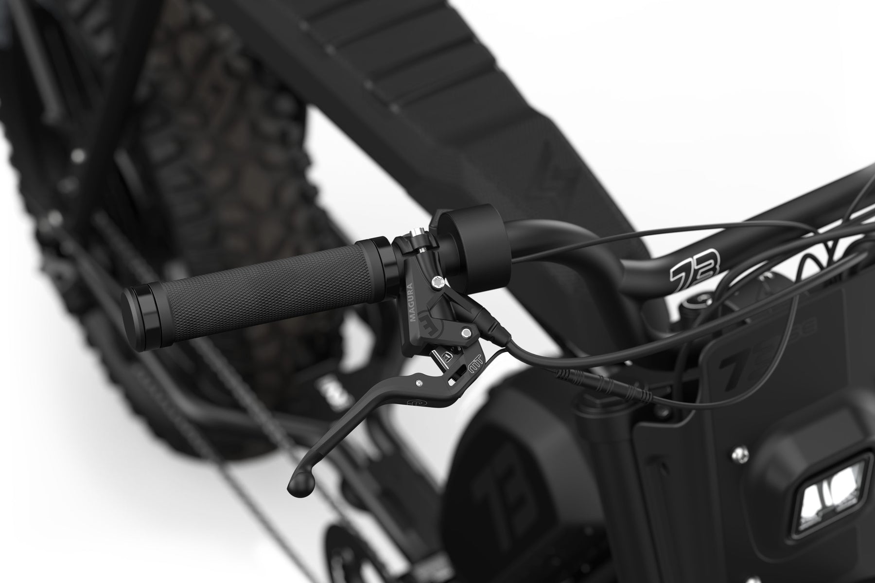 Detail shot of the Magura brake system on the SUPER73-S Blackout SE bike.