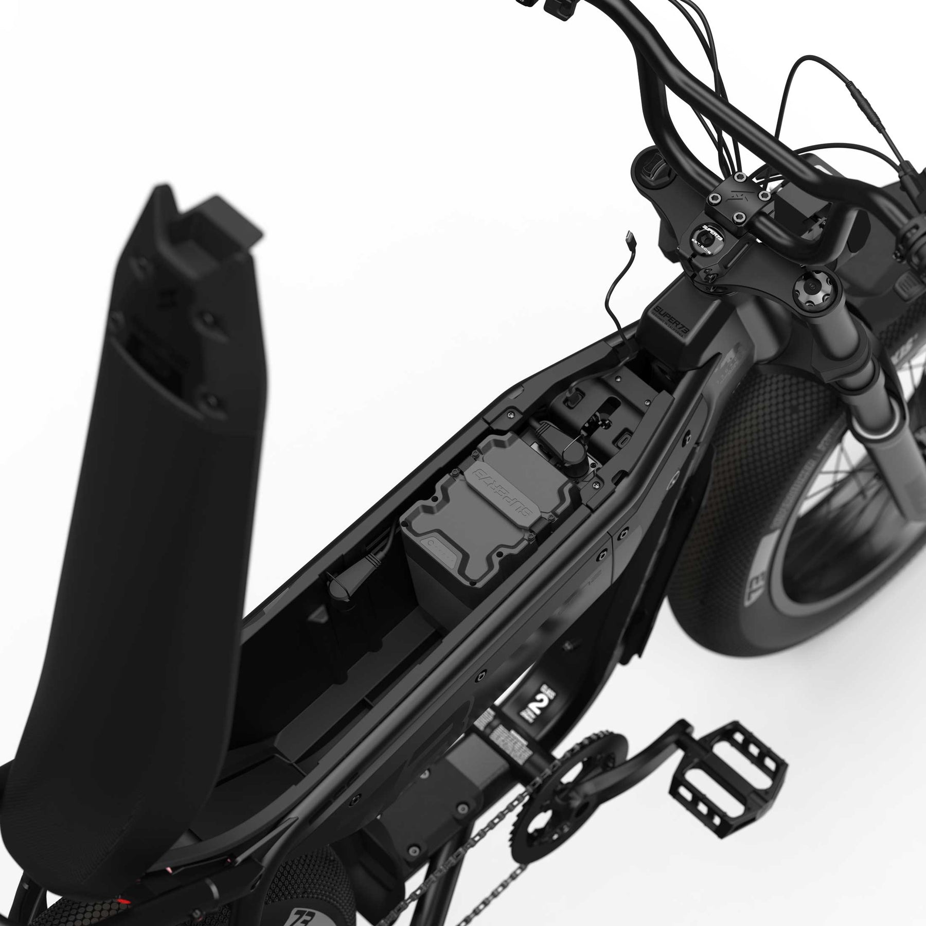 Close up view of the battery compartment of the SUPER73-M1D SE with one A-Series 3P Battery installed.