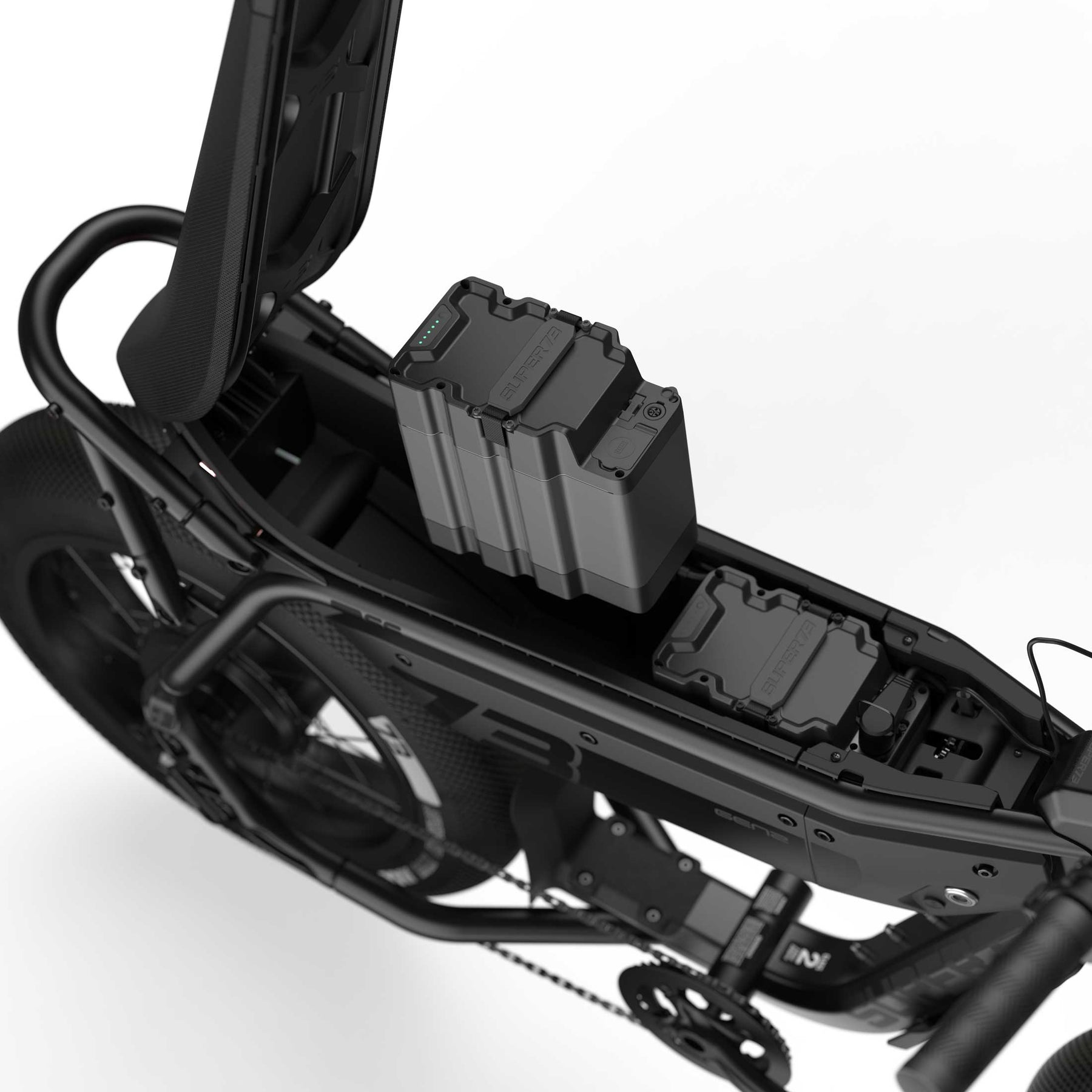 Close up view of the battery compartment and USB-C port on the SUPER73-M1 SE with 2 A-Series 3P batteries.