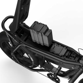 Close up view of the battery compartment and USB-C port on the SUPER73-M1 SE with 2 A-Series 3P batteries.