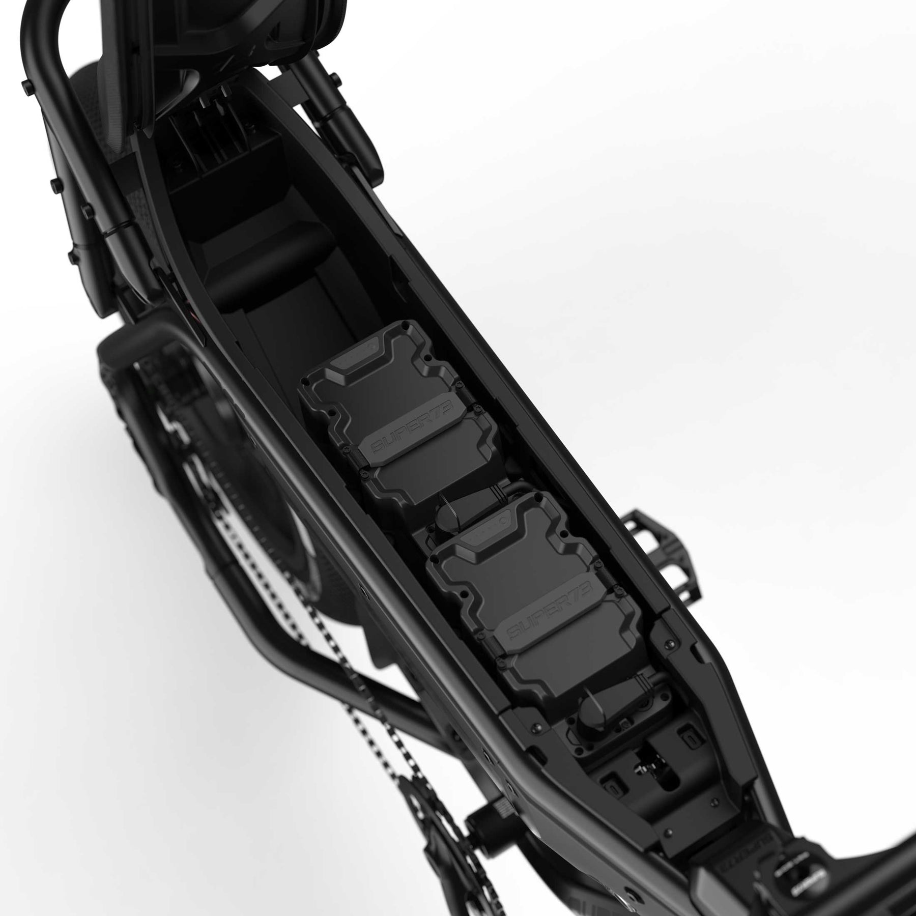 Close up view of the battery compartment on the SUPER73-M1D SE with 2 A-Series 3P batteries.