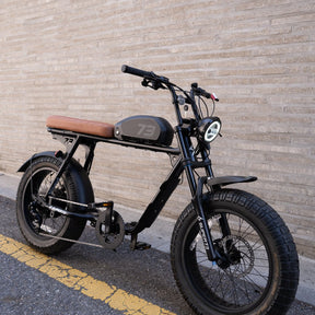 Right side angle shot on a bike of the 2-up caramel chevron stitched  seat