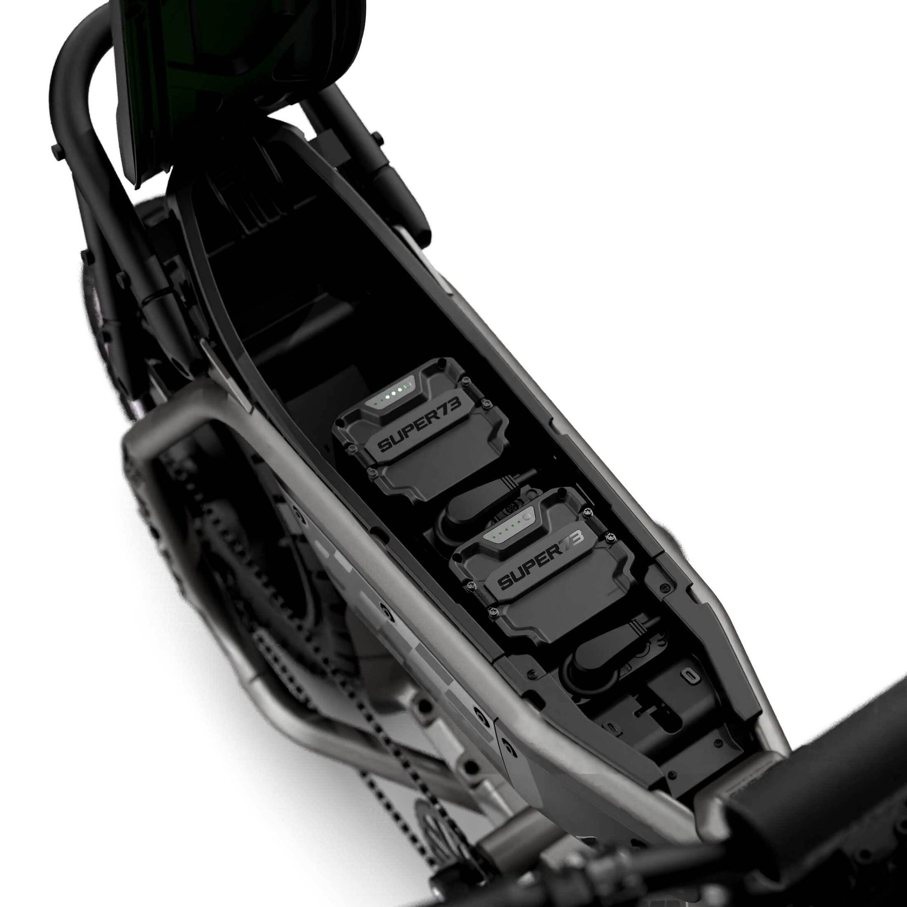 Close up view of the battery compartment on the SUPER73-MZFT with 2 Gen2 batteries.