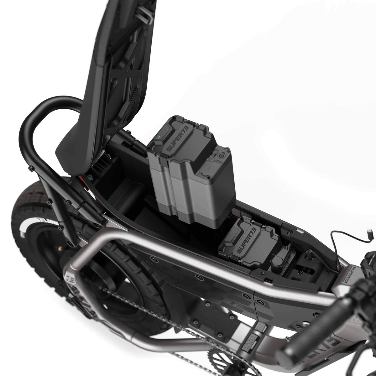 Close up view of the battery compartment and USB-C port on the SUPER73-MZFT with 2 Gen2 batteries.