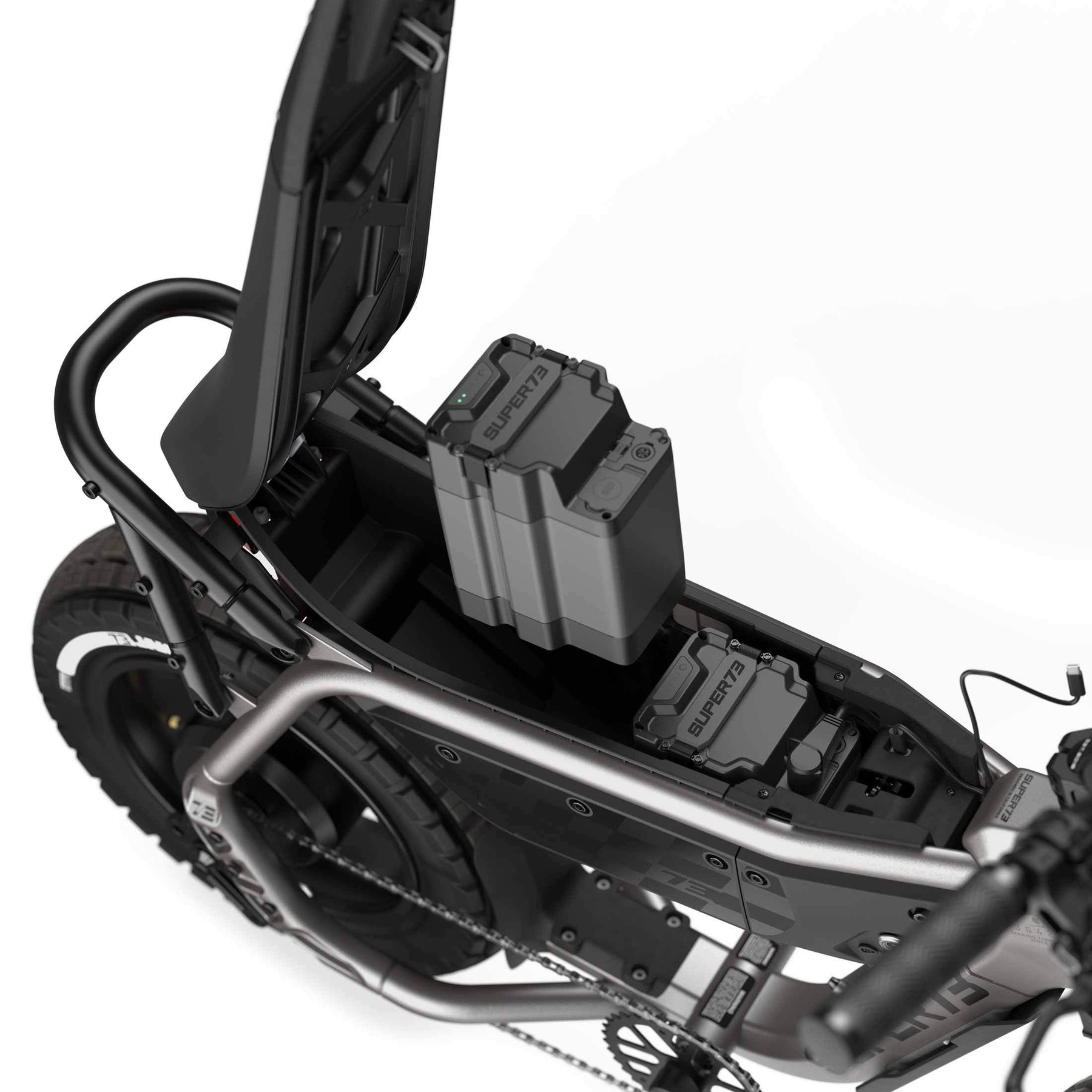 Close up view of the battery compartment and USB-C port on the SUPER73-MZFT with 2 Gen2 batteries.