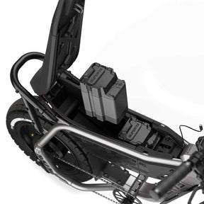 Close up view of the battery compartment and USB-C port on the SUPER73-MZFT with 2 Gen2 batteries.