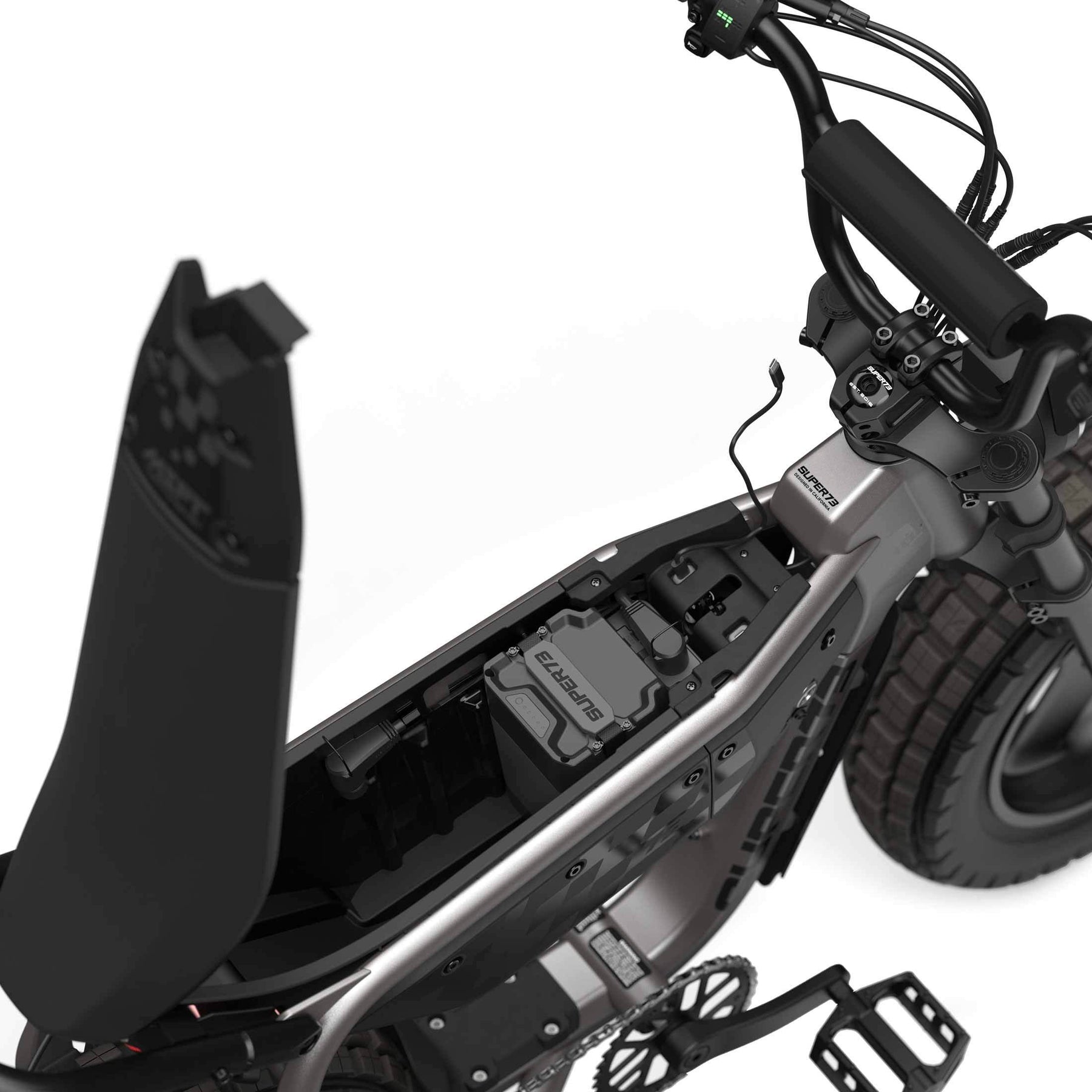 Close up view of the battery compartment of the SUPER73-MZFT with one Gen2 Battery installed.