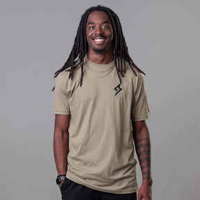 Front view of The Trailblazer Tee (Light Olive) on male model. 
