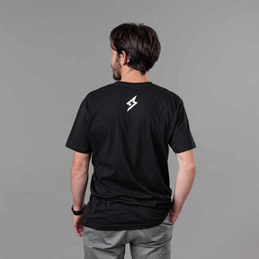 Back view of The ElectriciTee (Black) on male model.
