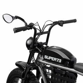 Far-out view of the BiKASE left-hand handlebar mirror installed on a SUPER73-S2 ebike