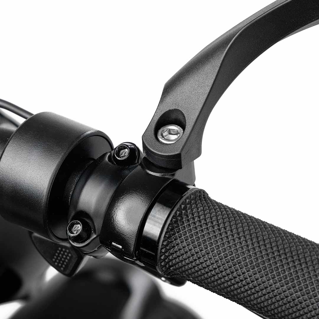 Close-up of the hardware and installation point of the BiKASE left-hand handlebar mirror