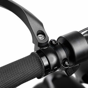Close-up of the hardware and installation point of the BiKASE left-hand handlebar mirror