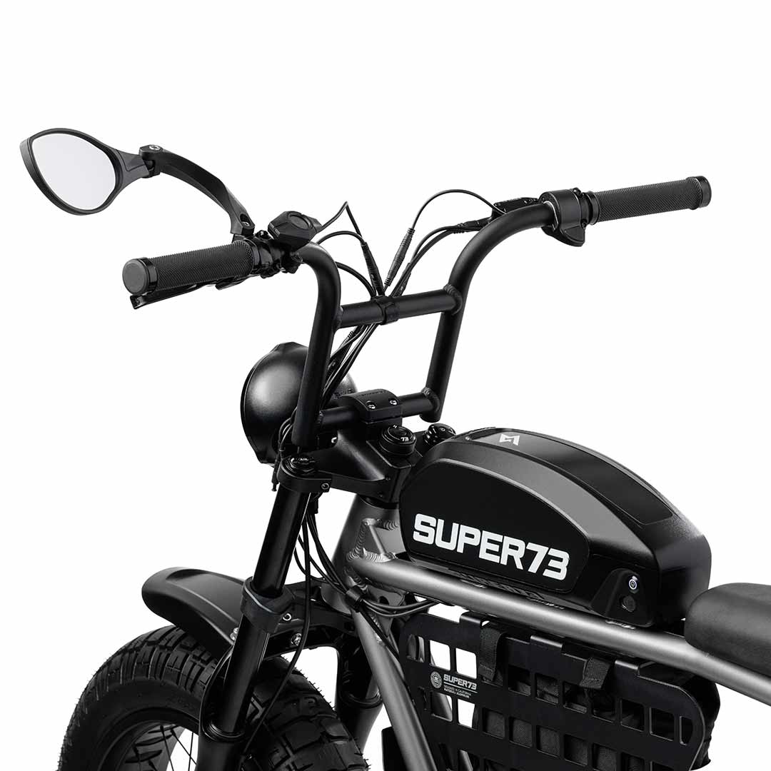 Far-out view of the BiKASE right-hand handlebar mirror installed on a SUPER73-S2 ebike