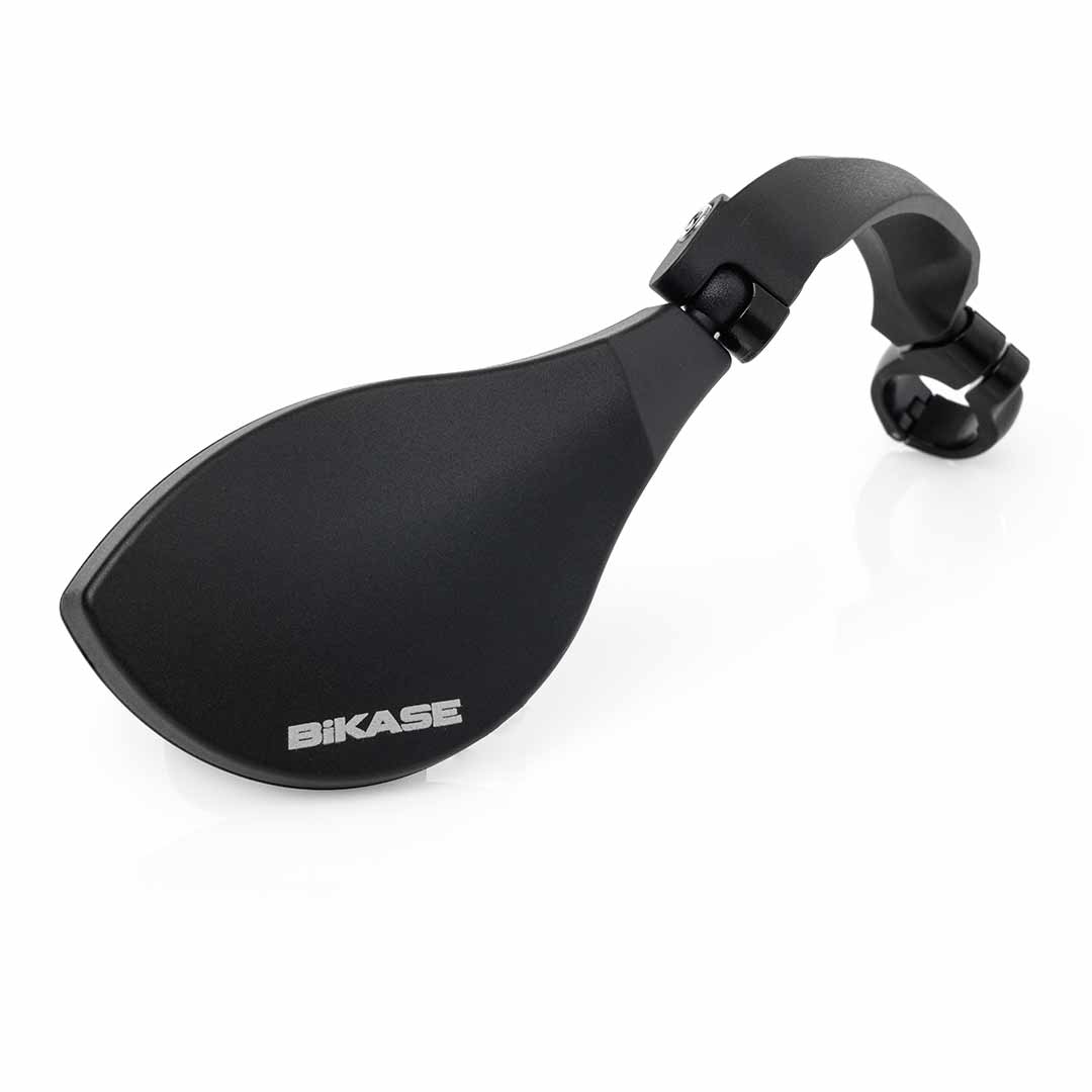 Close-up view of the BiKASE right-hand handlebar mirror shown installed on a SUPER73-S2 ebike
